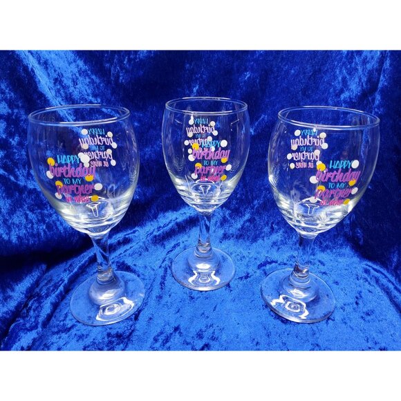 vintage Libbey 1990s set of 3 "happy birthday"chrystal wine glass - Picture 2 of 3